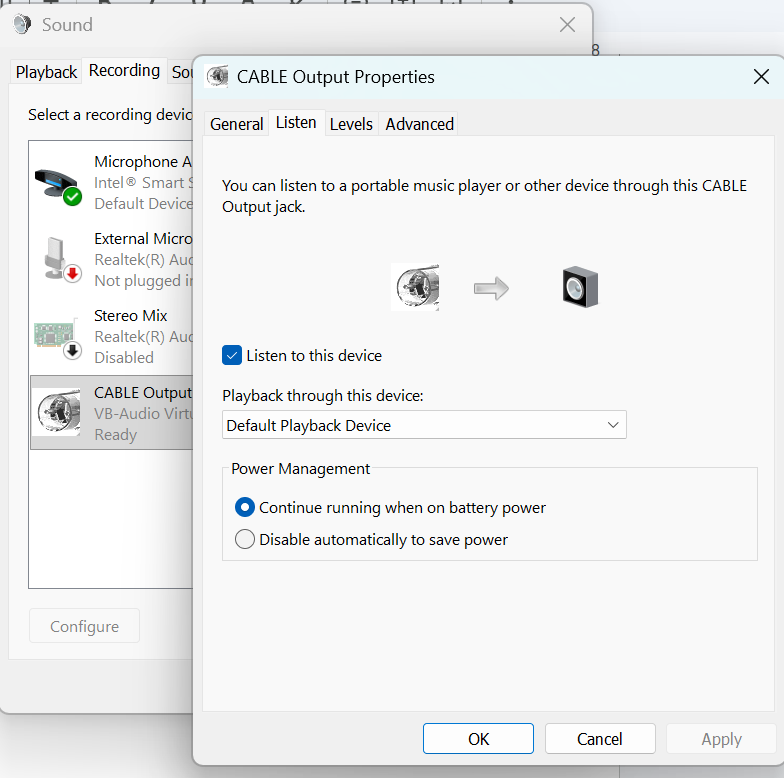 Listen to this device checkbox