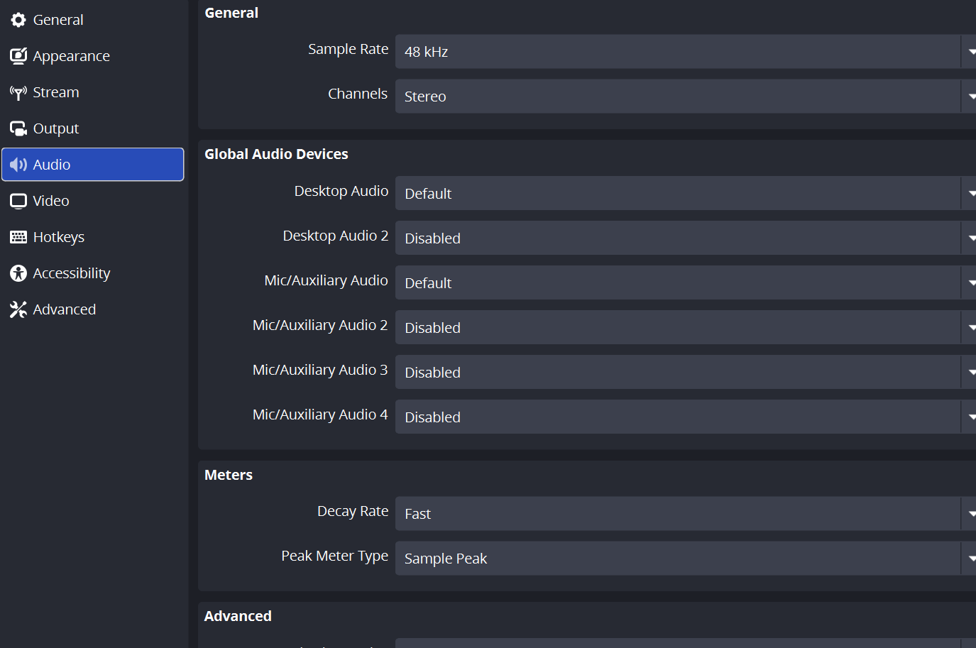 OBS default audio settings