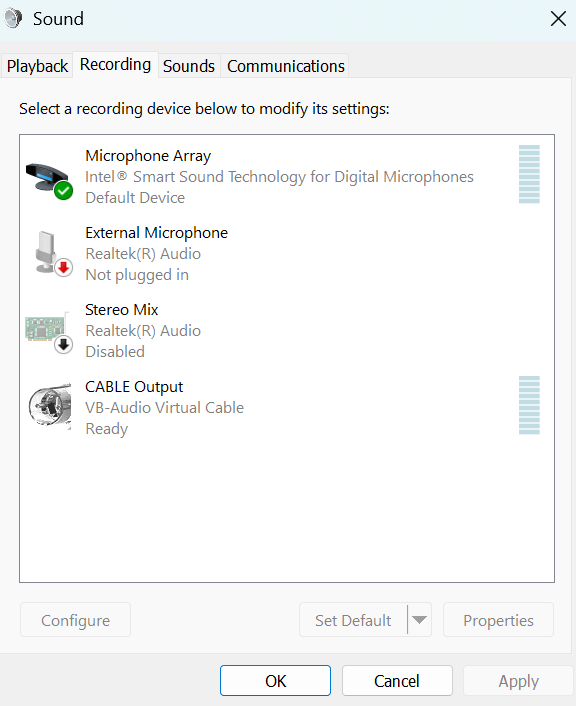 Windows Sound recording tab