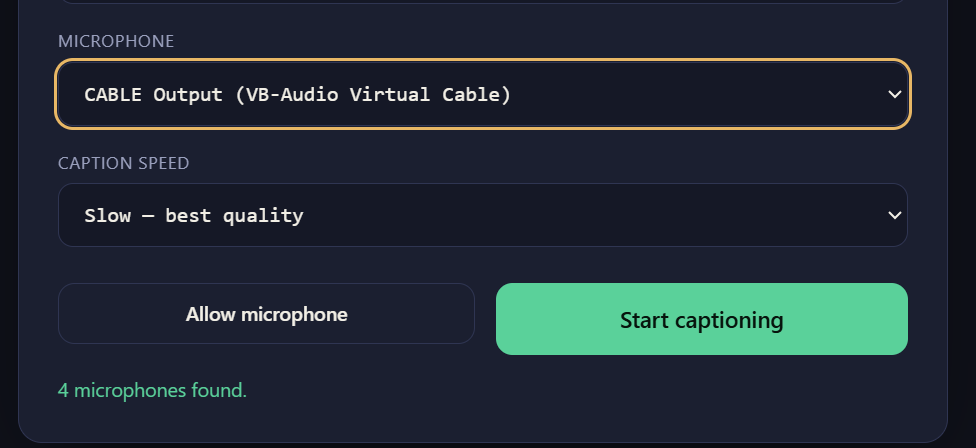 Cable Output selected as microphone
